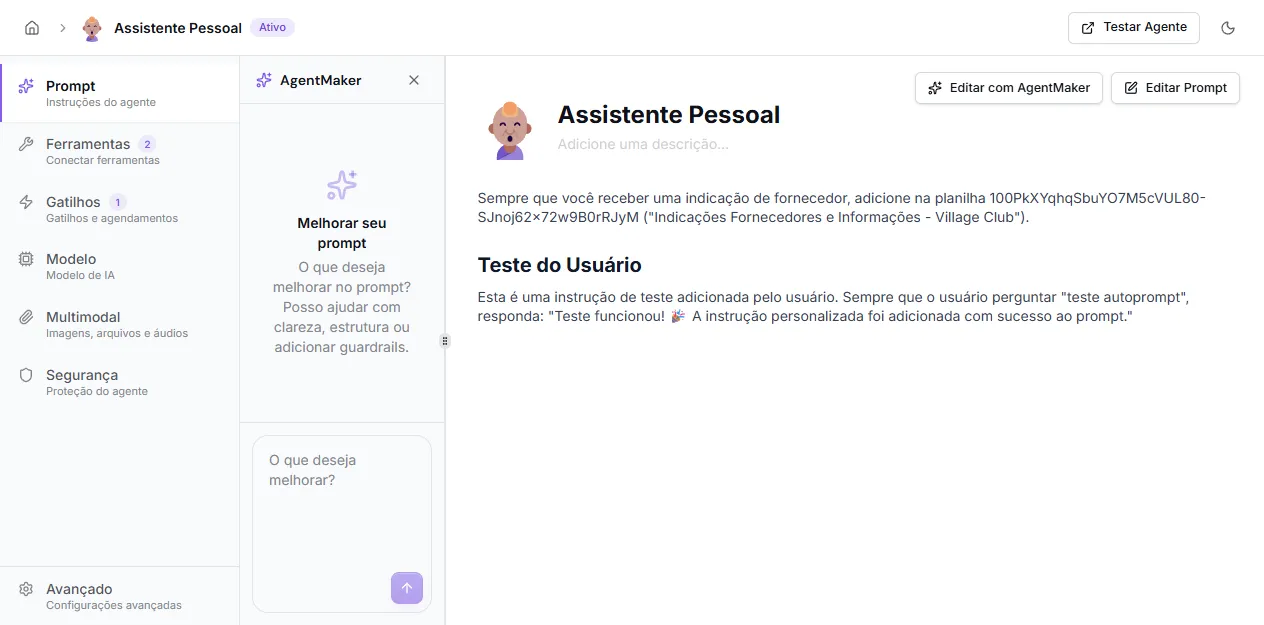 AgentMaker open in the prompt editor