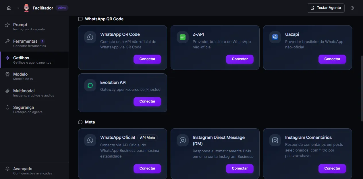 Cards de provedores WhatsApp não-oficial em Gatilhos