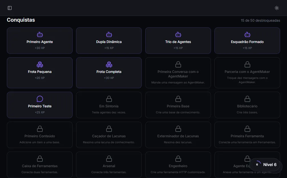 Achievements grid: unlocked (colored) and locked (gray, with hints)