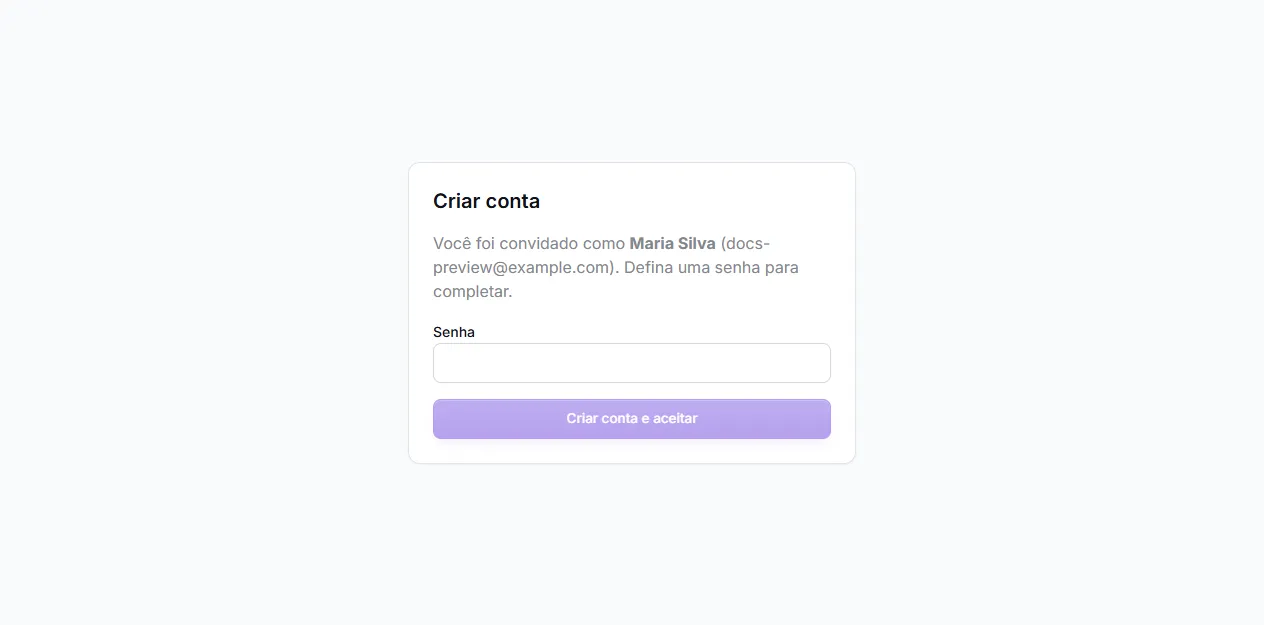 Tela de criar conta a partir do convite