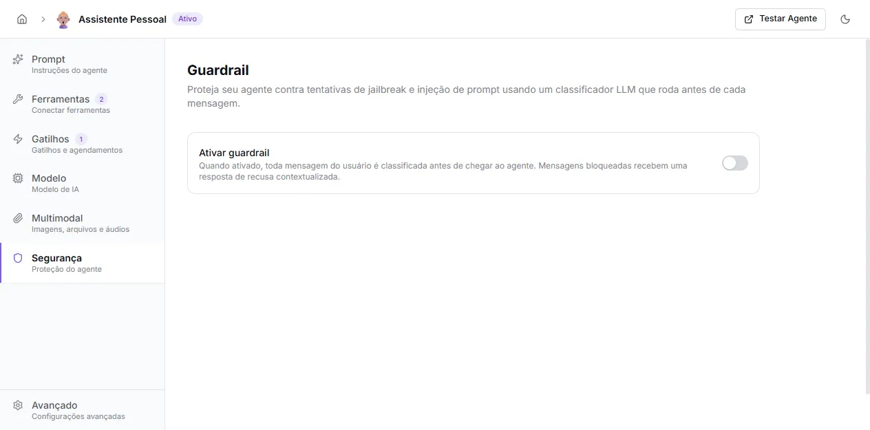 Aba Segurança — Guardrail desligado