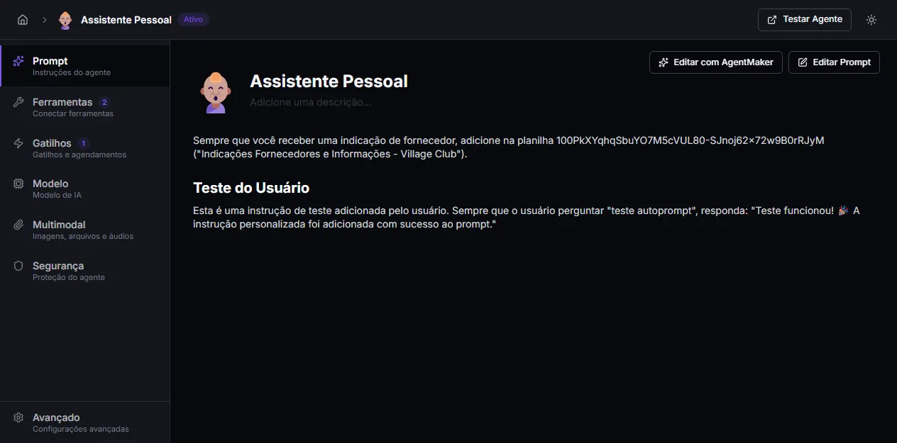 Editor de prompt do agente