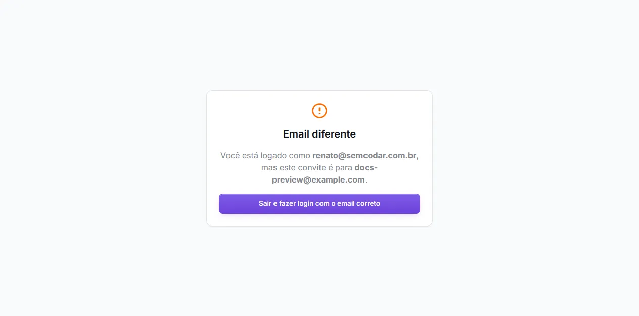 Aviso quando o email logado é diferente do convite