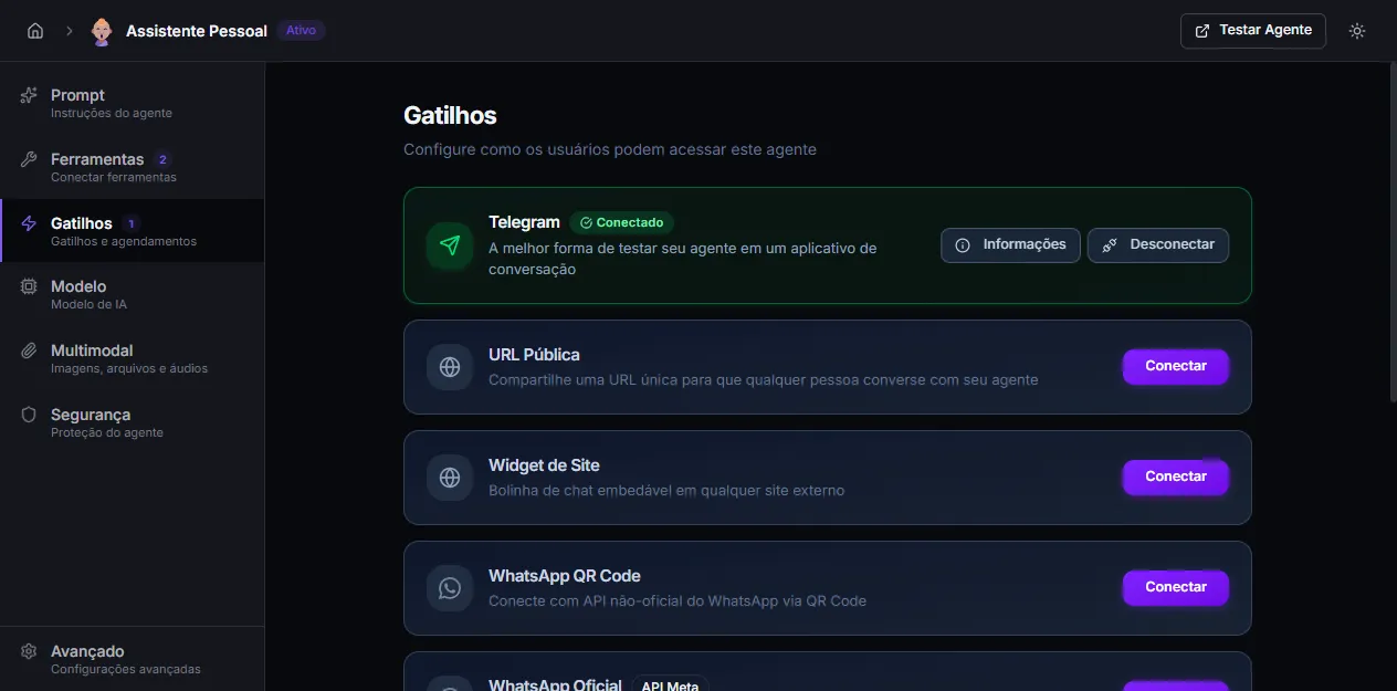 Aba de Gatilhos com os canais disponíveis