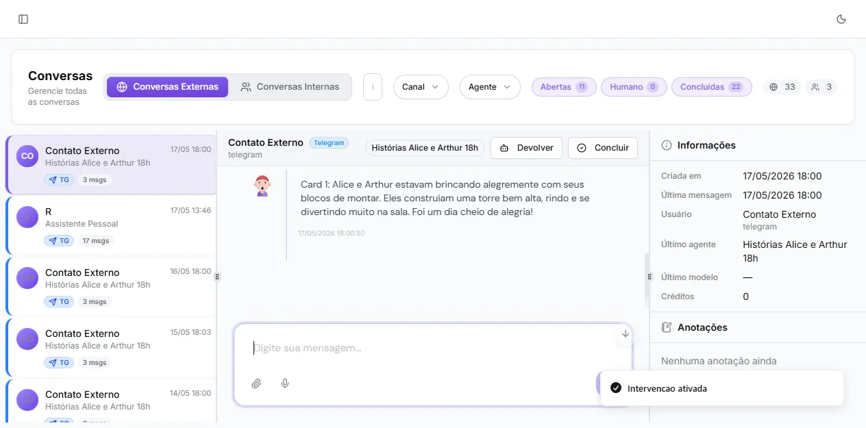 Conversa com intervenção ativa: compositor visível, botão Devolver no header