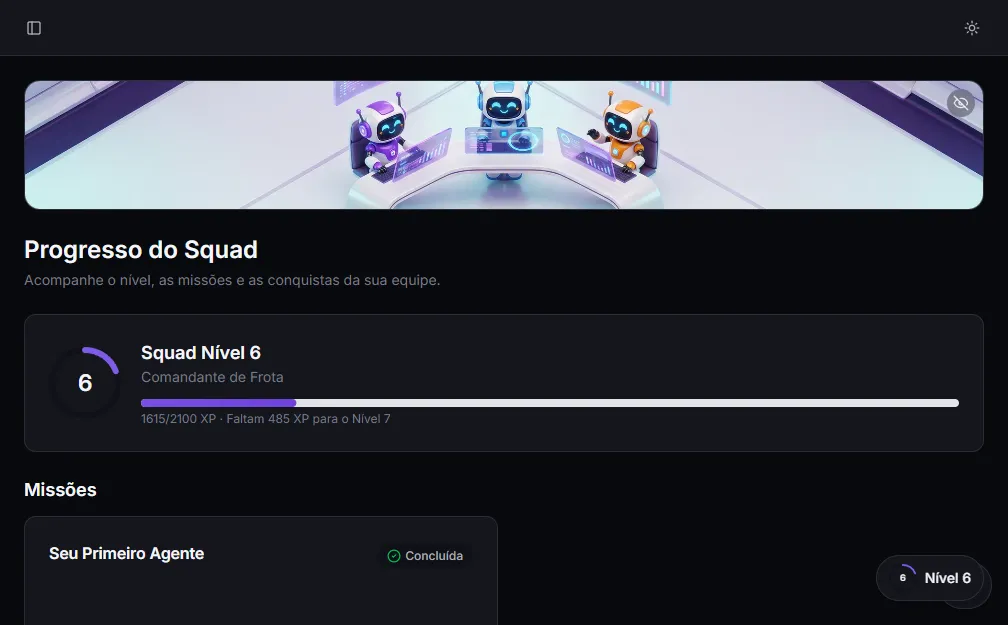 Squad Progress page: level, XP bar, and quests