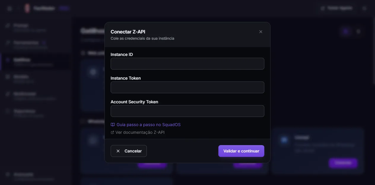 Modal Conectar Z-API com os três campos de credenciais