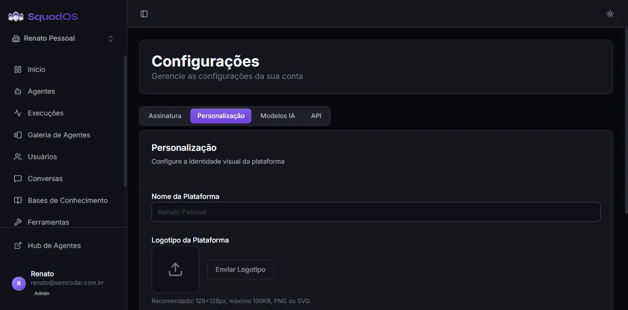 Tela de Personalização da organização