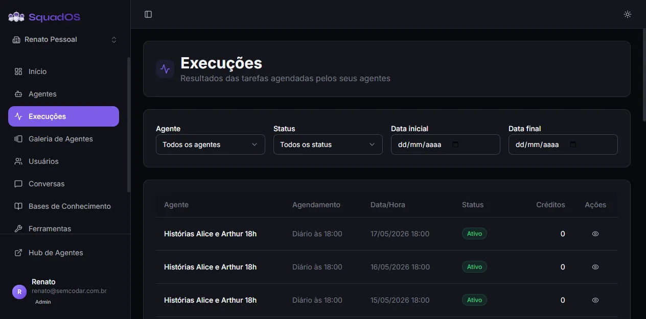 Executions screen with filters, runs table, and pagination