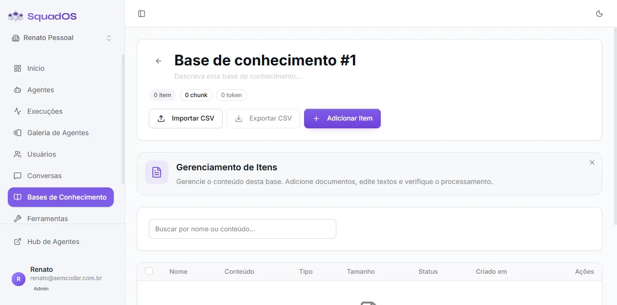 Tela de itens (base recém-criada, ainda vazia)